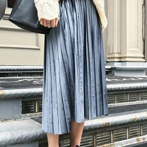 💎🔴 Blue Gray Velvet Pleated Midi Skirt